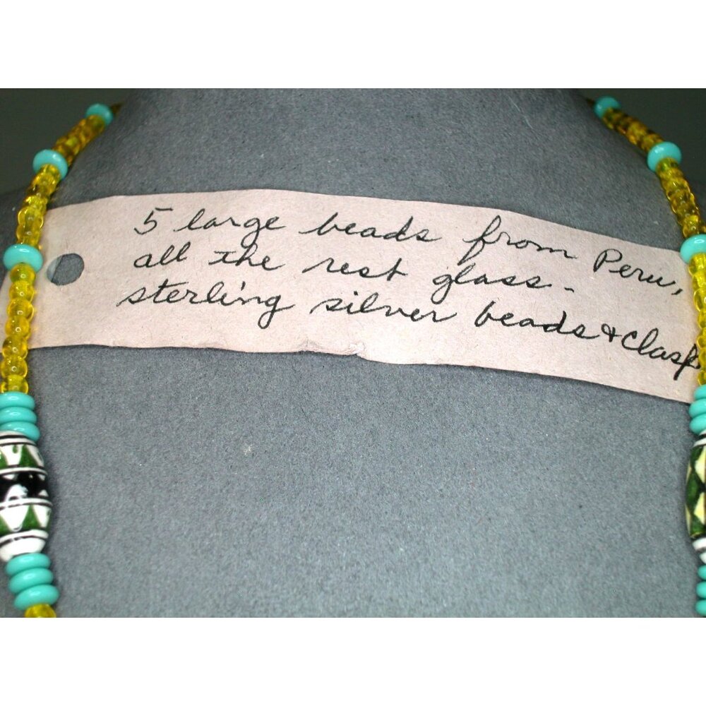 Peruvian Beaded Necklace 20" Sterling Silver Clasp Glass & Hand-Painted Beads - Picture 3 of 4